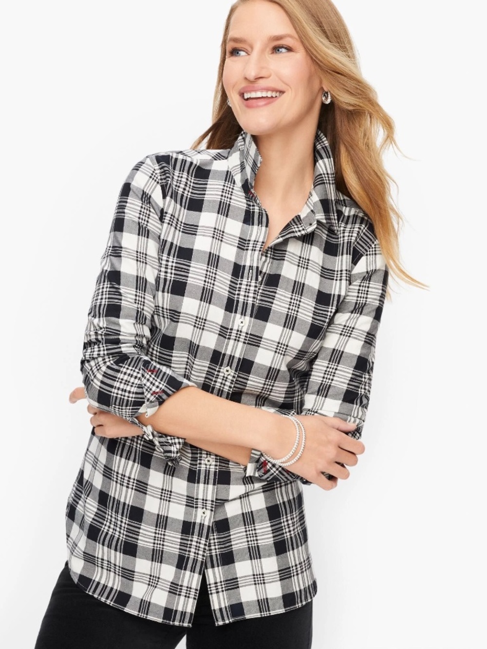 Talbots Metallic Plaid Button Down Shirt 1XP Black White Shimmer Lurex Plus